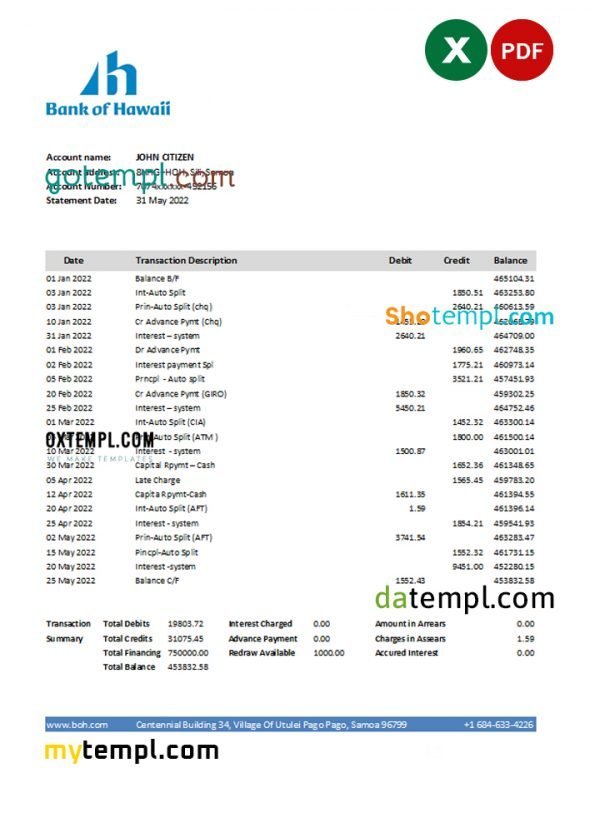 Samoa Bank of Hawaii bank statement, Excel and PDF template