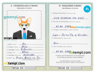 free Samoa dog (animal, pet) passport PSD template, completely editable