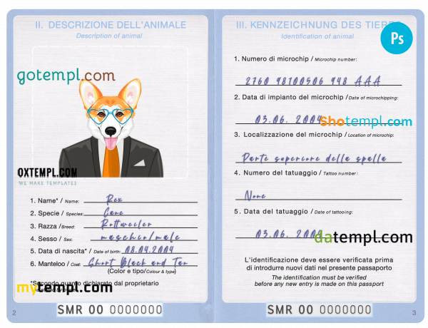 free San Marino dog (animal, pet) passport PSD template, fully editable