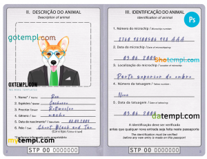 free São Tomé and Príncipe dog (animal, pet) passport PSD template, fully editable
