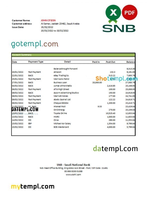 Saudi Arabia SNB bank statement, Excel and PDF template