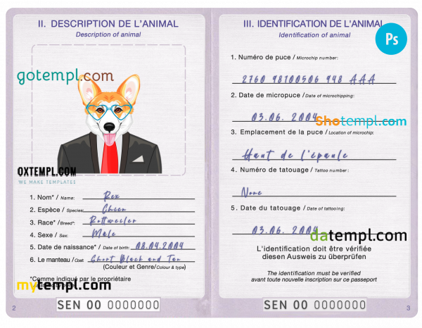 free Senegal dog (animal, pet) passport PSD template, fully editable