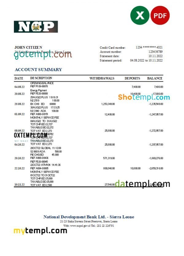 Sierra Leone National Development bank statement, Excel and PDF template