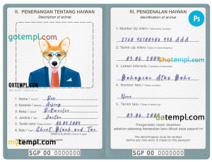 free Singapore dog (animal, pet) passport PSD template, fully editable