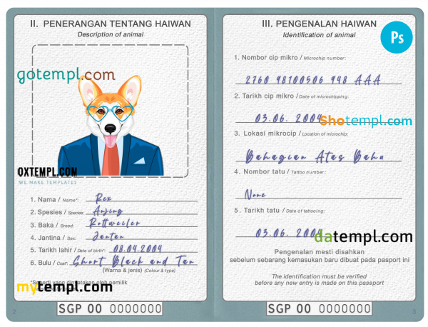 free Singapore dog (animal, pet) passport PSD template, fully editable