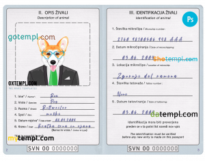 free Slovenia dog (animal, pet) passport PSD template, fully editable