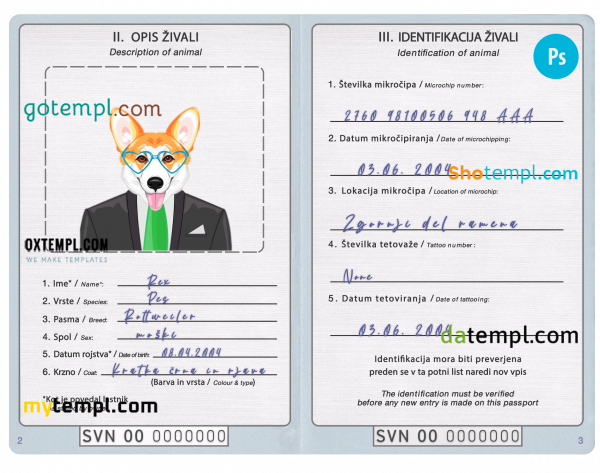 free Slovenia dog (animal, pet) passport PSD template, fully editable