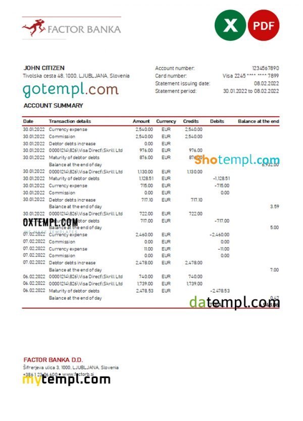 Slovenia Factor Banka bank statement, Excel and PDF template