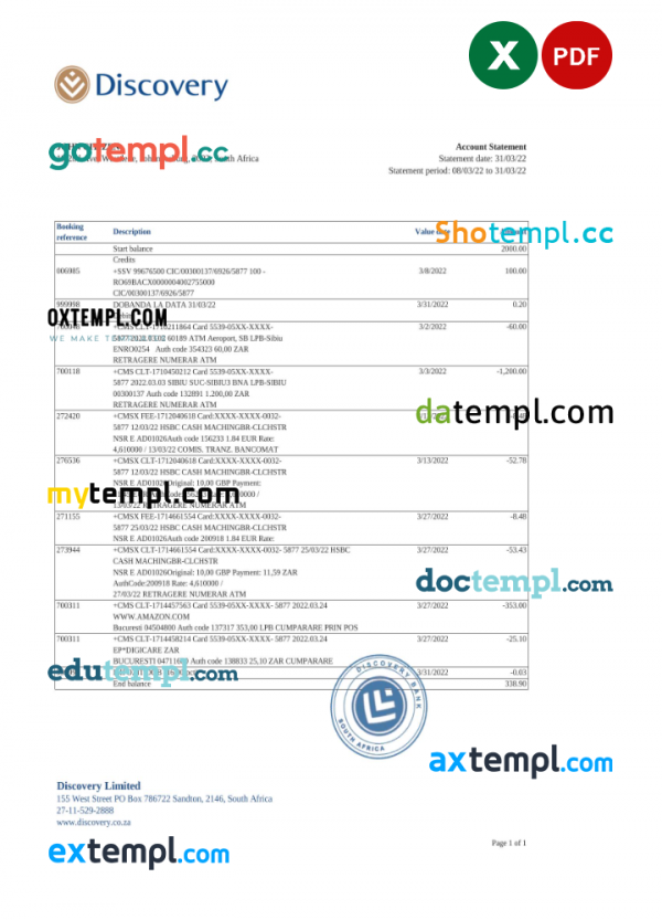 South Africa Discovery bank statement, Excel and PDF template