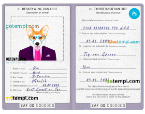 free South Africa dog (animal, pet) passport PSD template, fully editable