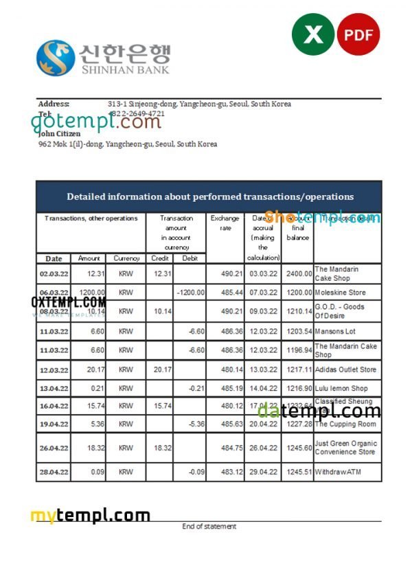 South Korea Shinhan bank statement, Excel and PDF template