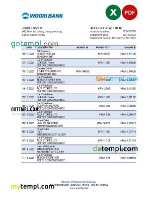 South Korea Woori bank statement, Excel and PDF template