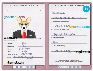 free South Sudan dog (animal, pet) passport PSD template, fully editable