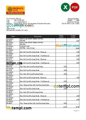 Sri Lanka People’s Bank statement, Excel and PDF template