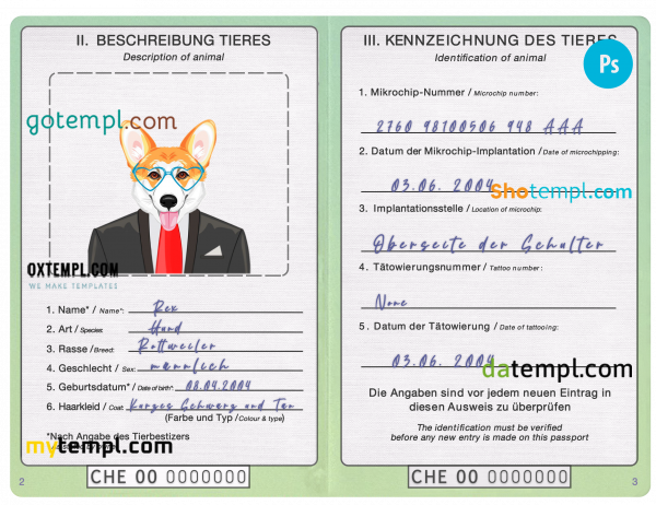 free Switzerland dog (animal, pet) passport PSD template, fully editable