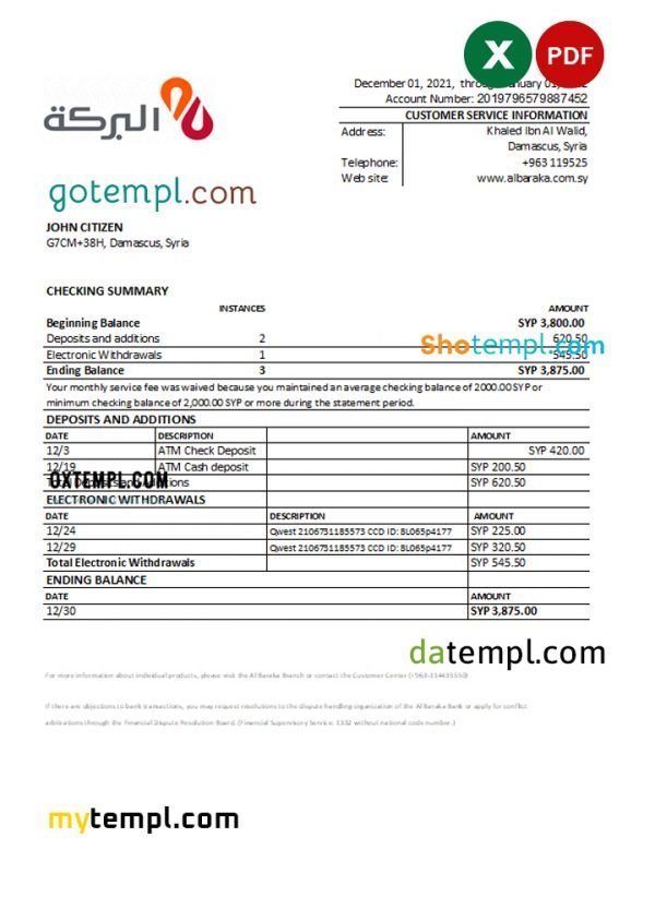 Syria Al Baraka bank statement, Excel and PDF template