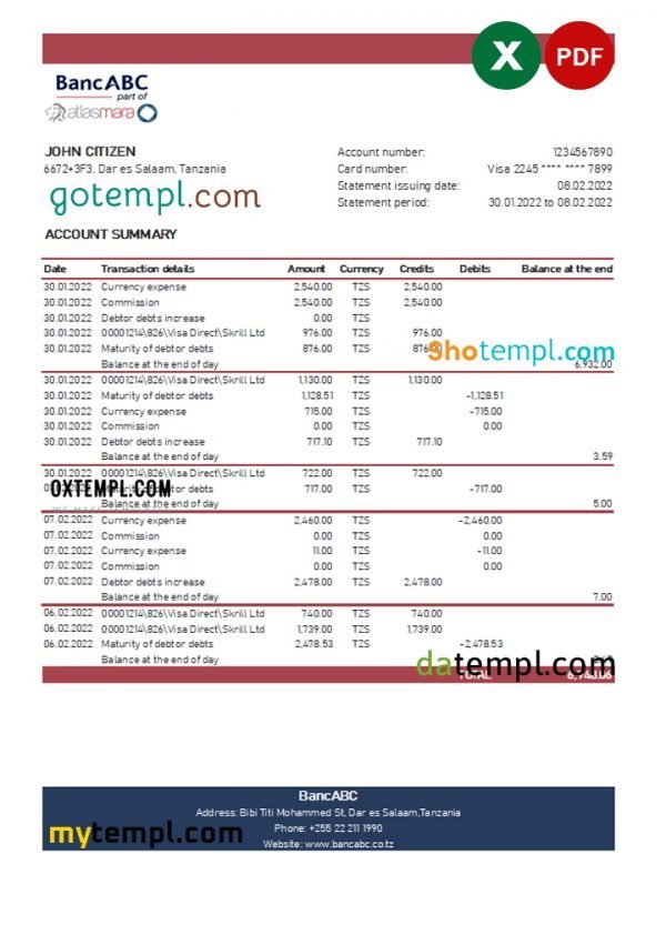 Tanzania BancABC bank statement, Excel and PDF template