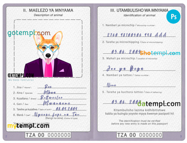 free Tanzania dog (animal, pet) passport PSD template, completely editable