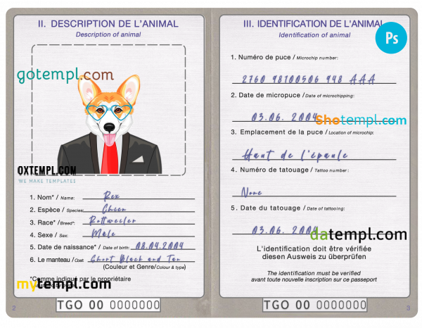 free Togo dog (animal, pet) passport PSD template, completely editable
