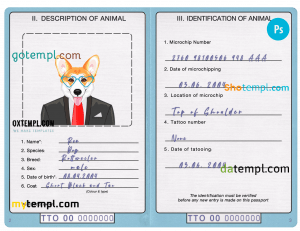 free Trinidad and Tobago dog (animal, pet) passport PSD template, fully editable