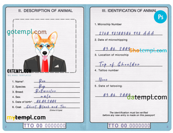 free Trinidad and Tobago dog (animal, pet) passport PSD template, fully editable
