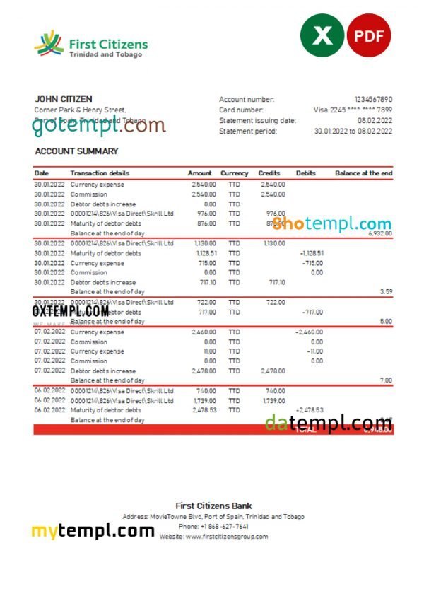 Trinidad and Tobago First Citizens bank statement, Excel and PDF template