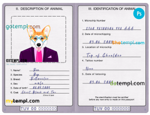 free North Korea dog (animal, pet) passport PSD template, fully editable