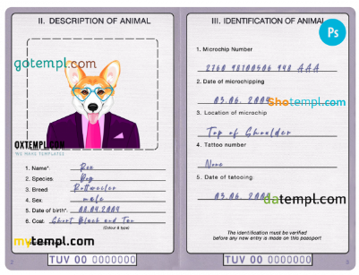 free Tuvalu dog (animal, pet) passport PSD template, completely editable