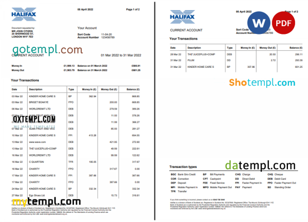 United Kingdom Halifax bank statement Word and PDF template, 2 pages, version 2