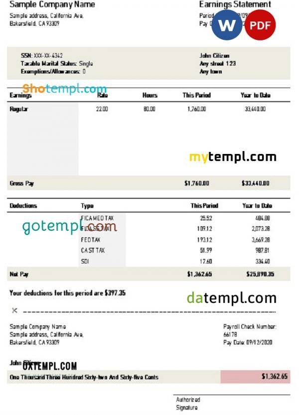 USA California earnings statement Word and PDF template