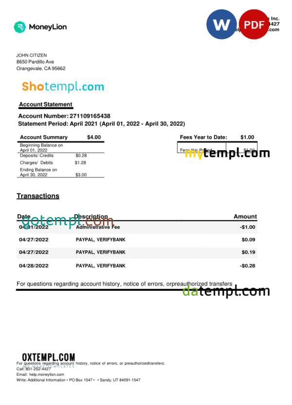 USA California MoneyLion bank statement, Word and PDF template