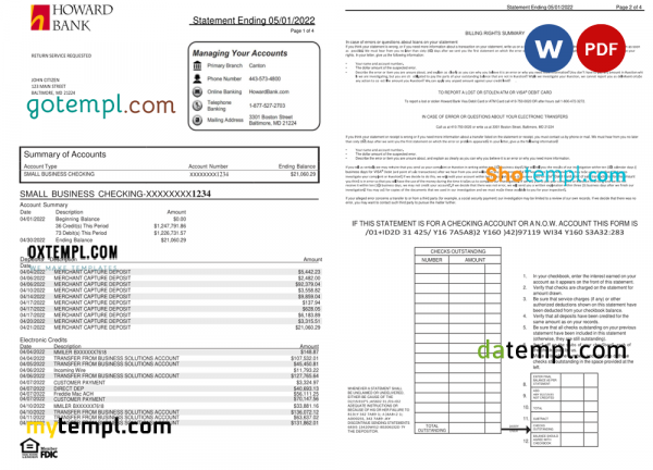 USA Howard bank statement Word and PDF template, 4 pages