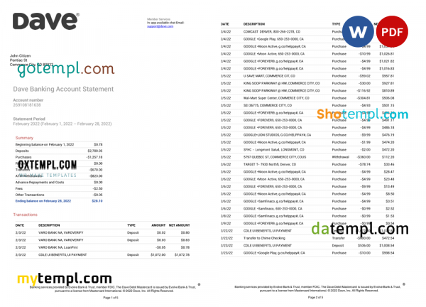 USA Dave bank account statement, Word and PDF template, 5 pages