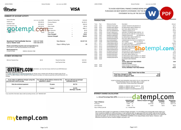 USA Pentagon Federal Credit Union (PenFed) bank statement, Word and PDF template, 3 pages