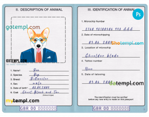 free Panama cat (animal, pet) passport PSD template, completely editable