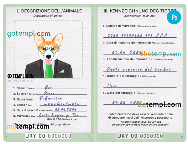 free Uruguay dog (animal, pet) passport PSD template, completely editable