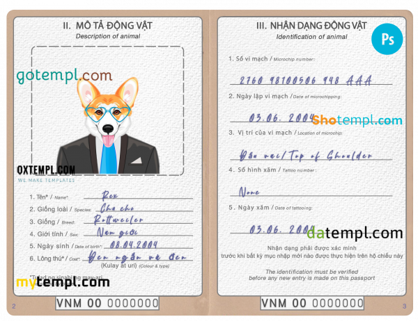 free Vietnam dog (animal, pet) passport PSD template, fully editable
