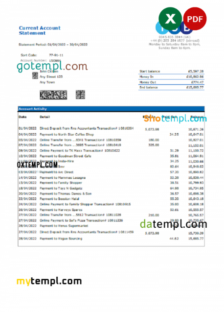 United Kingdom TSB bank statement, Excel and PDF template