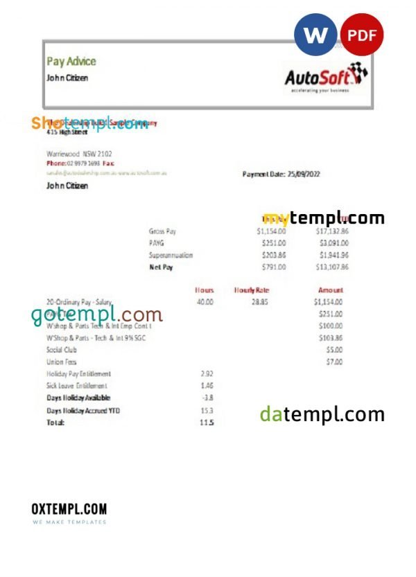 Australia NSW AutoSoft payslip Word and PDF template