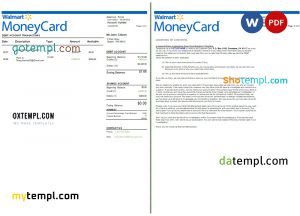 USA Walmart MoneyCard bank statement Word and PDF template, 3 pages