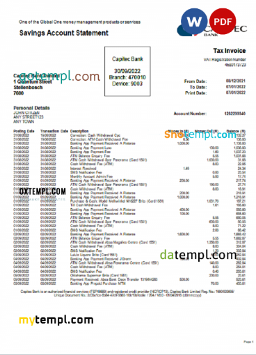 USA Capitec bank statement Word and PDF template