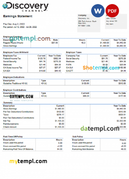 USA Discovery Inc. entertainment company pay stub Word and PDF template