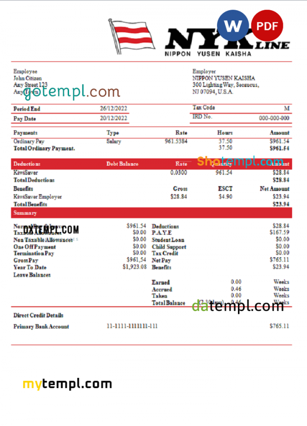 USA NIPPON YUSEN KAISHA shipping company pay stub Word and PDF template