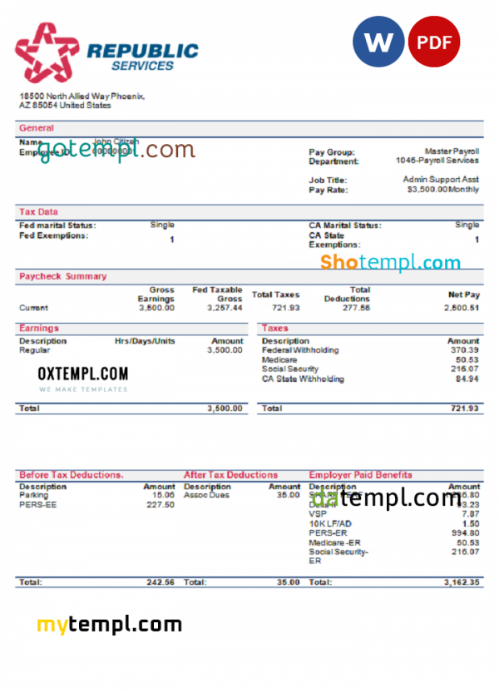 USA Republic Services waste management company pay stub Word and PDF template