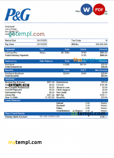 USA Procter & Gamble consumer products company pay stub Word and PDF template