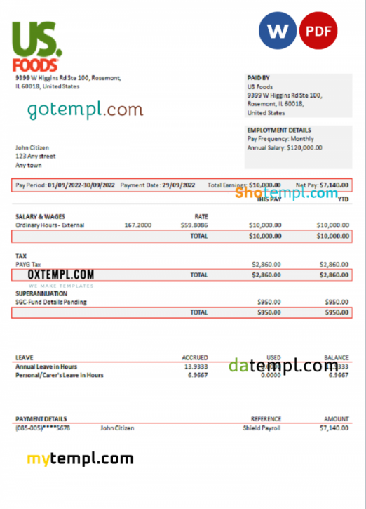 USA US Foods food distribution company pay stub Word and PDF template