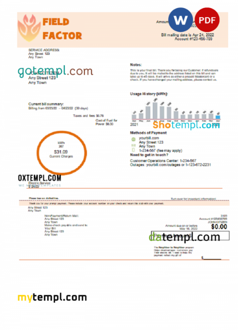 field factor universal multipurpose utility bill, Word and PDF template