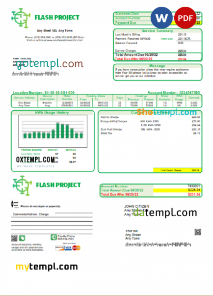 flash project universal multipurpose utility bill, Word and PDF template