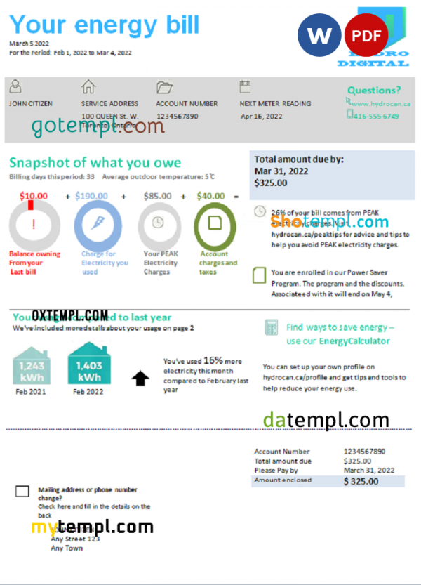 hydro digital universal multipurpose utility bill, Word and PDF template