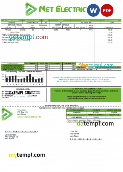 net electric universal multipurpose utility bill, Word and PDF template